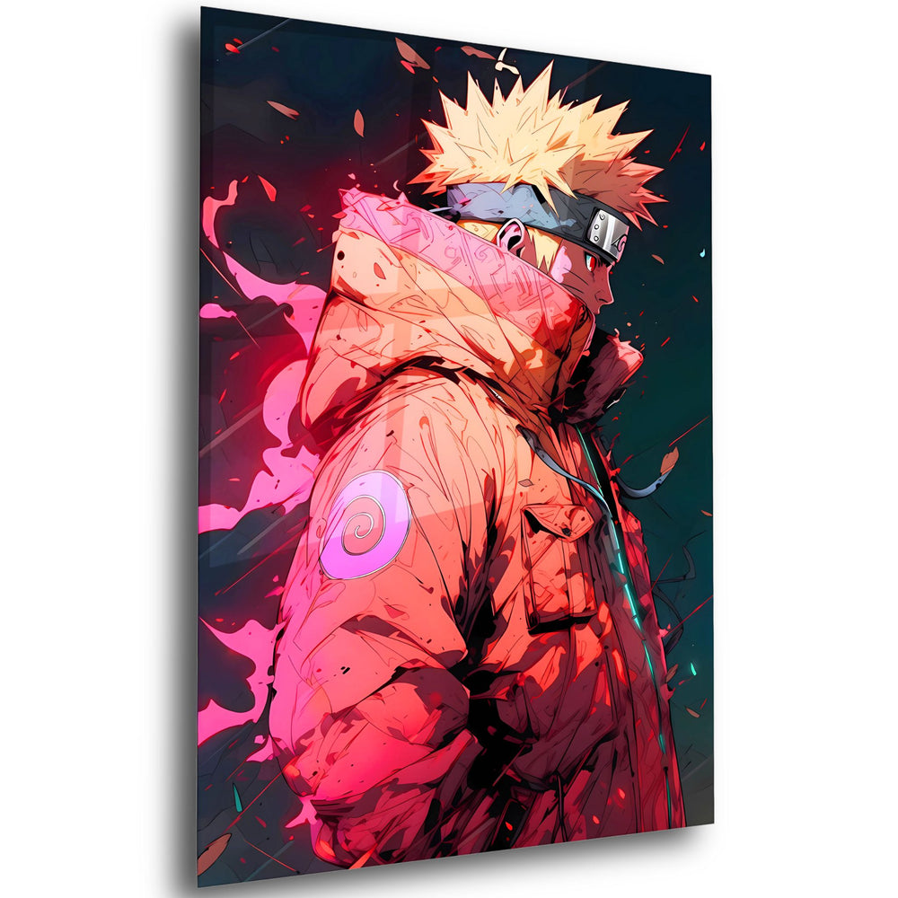 Modern acrylic glass wall art, featuring the naruto anime art with naruto rocking a fashionable orange jacket.