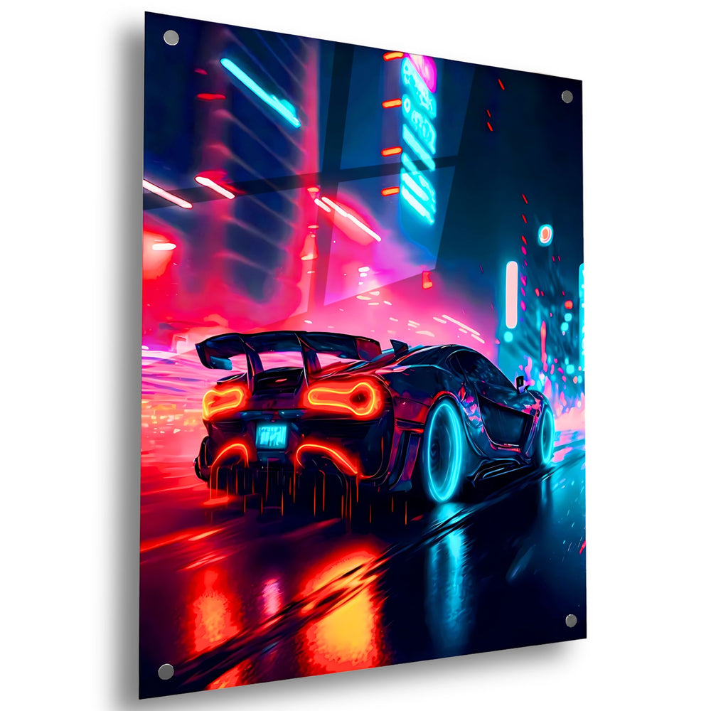 Neon sports car acrylic glass wall art, showing its bright and modern colors.