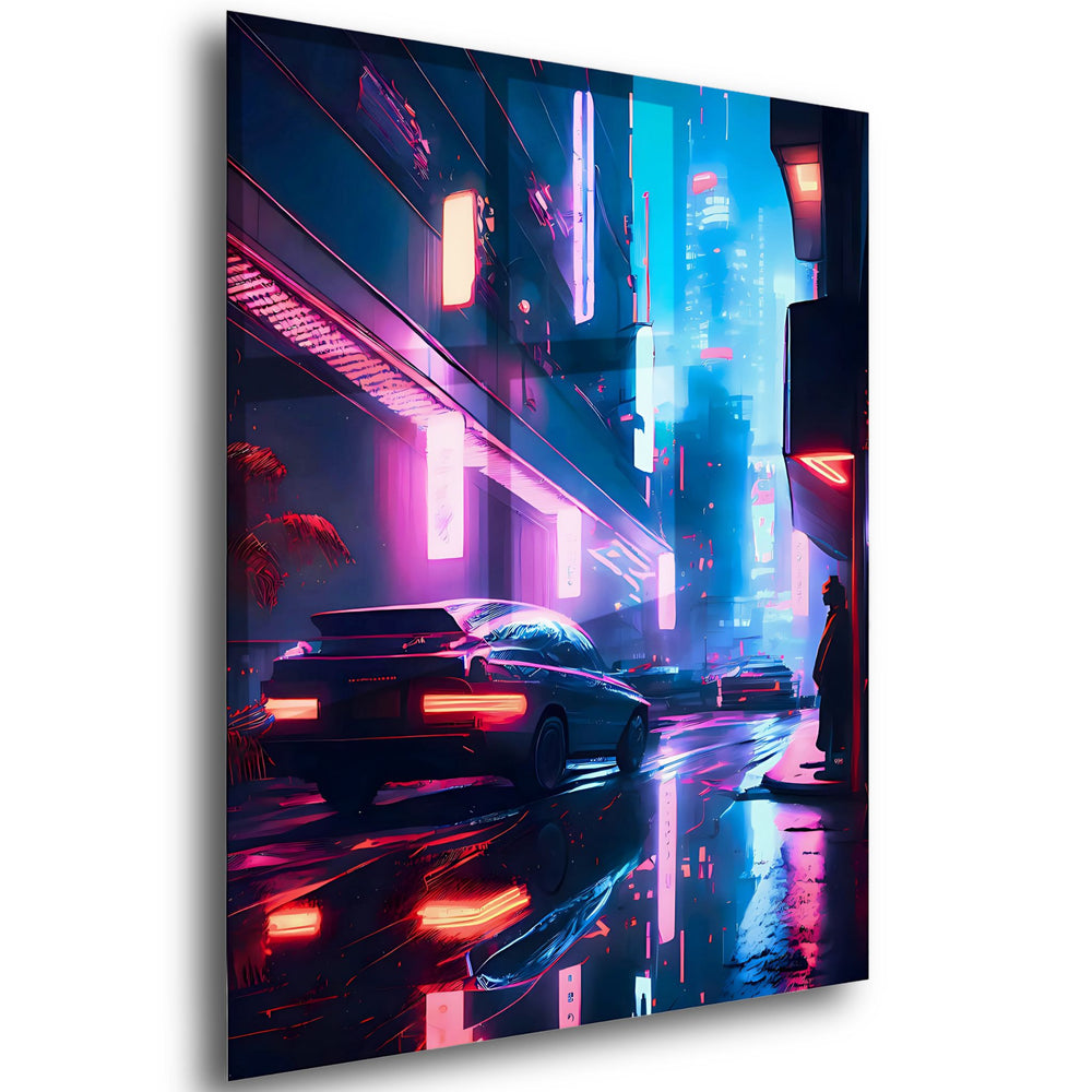 Neon Cyber City Modern Wall Art, featuring quiet city streets where futuristic cars blend into hot pink, blue colors.